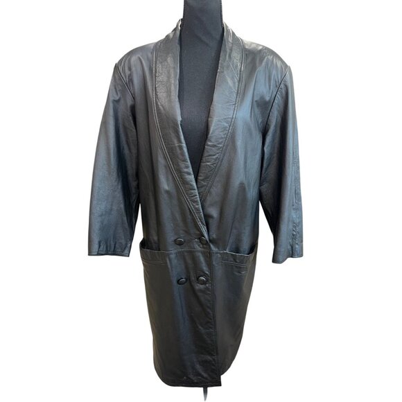VTG 80s John Weitz Genuine Leather Long Double Breasted Trench Coat Black City - Picture 1 of 12